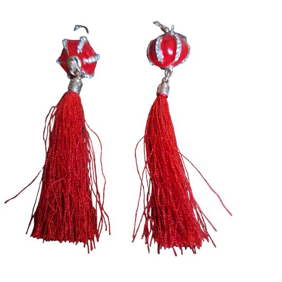 Red Lg Bead w/Rhinestones & Tassel Dangle Earrings - Picture 1 of 4